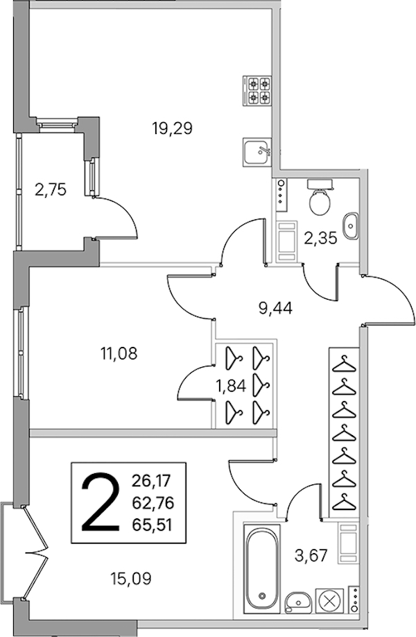 2-комнатная квартира 64.14 м², 3/4 эт., ЖК «Любоград в Стрельне»